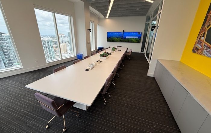 wall-mounted side-by-side display screens at the front of a boardroom with a camera mounted above them